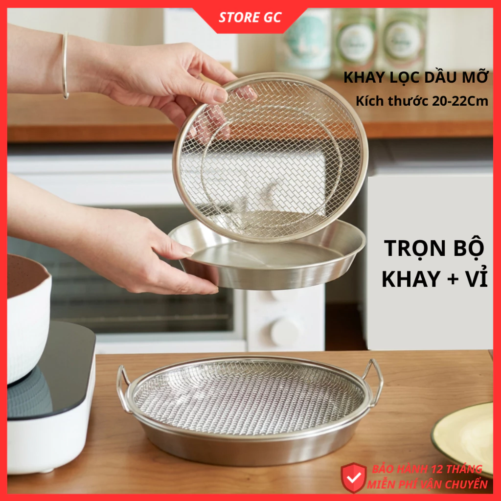 Bộ Khay Đĩa Kèm Vỉ Lưới Lọc Dầu Kích Thước 20-22Cm Chất Liệu Inox Đồ Dùng Nhà Bếp Lọc Dầu Hiệu Quả
