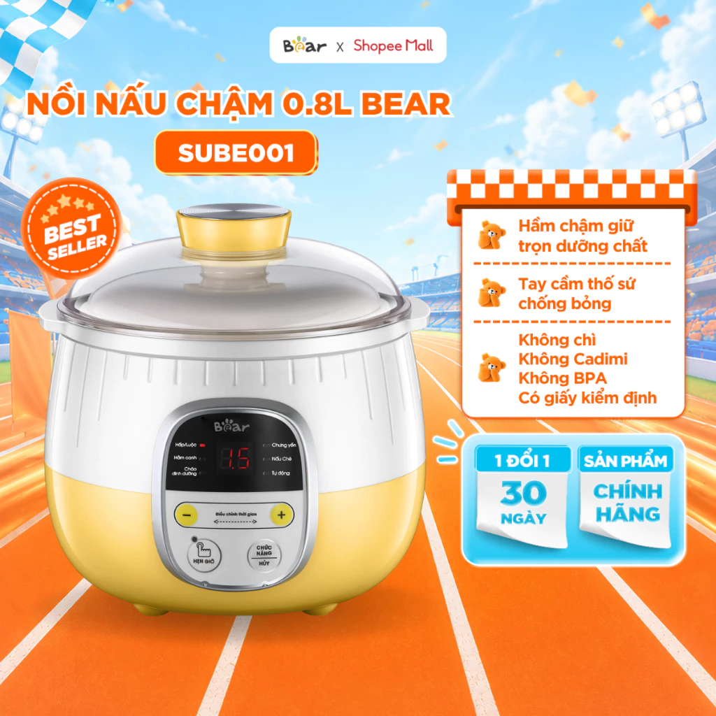 Nồi Nấu Chậm BEAR 0.8L, Nồi Nấu Cháo Chậm Cách Thuỷ Cho Bé Kèm Xửng Hầm Ninh Chưng Yến Giữ Trọn Chất Dinh Dưỡng SUBE001