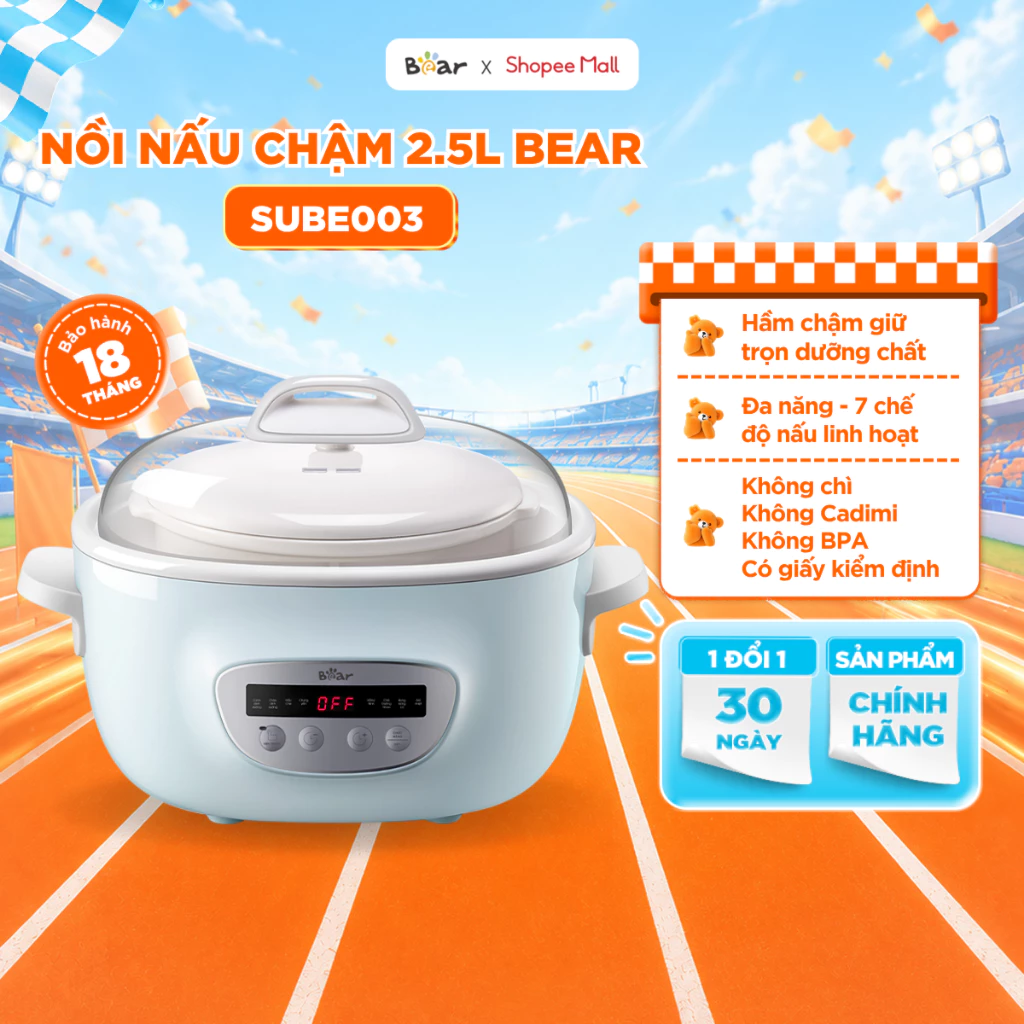 Nồi Nấu Cháo Chậm 2.5L BEAR Nồi Nấu Cháo Chậm Nấu Hầm Cháo Nồi Chưng Yến Bản Tiếng Việt Bảo Hành 18 Tháng - SUBE003