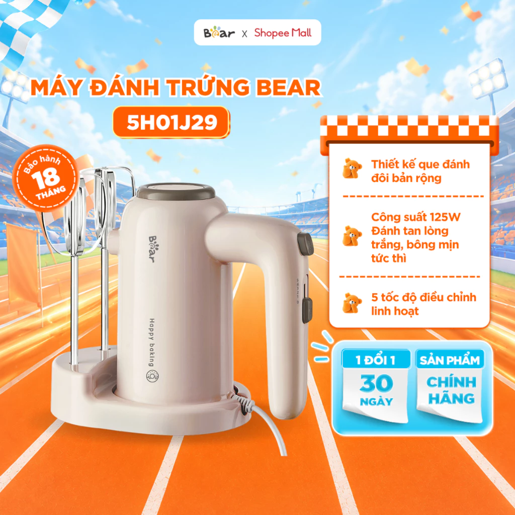 Máy Đánh Trứng Cầm Tay BEAR Khởi Động Êm Điều Chỉnh Tốc Độ 125W Trộn Bột Làm Bánh HM-5H01J29