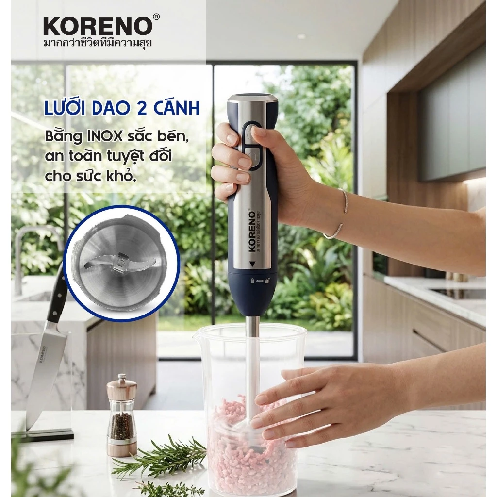 Máy Xay Cầm Tay Đa Năng KORENO KN-308, Thiết Kế Chống Văng An Toàn Khi Xay, Dung Tích 800ML