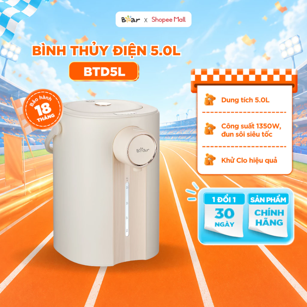 Bình Thủy Điện Bear 5L Bình Đun Nước Nóng Đun Sôi Siêu Nhanh Khử Clo Bình Đun Nước Giữ Nhiệt Có Đèn Dịu Nhẹ SB-BTD5L