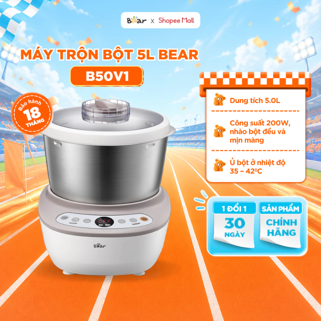 Máy Trộn Bột Bear 5.0L Inox 304 Công Suất Lớn Chống Dính Làm Bánh DM-B50V1