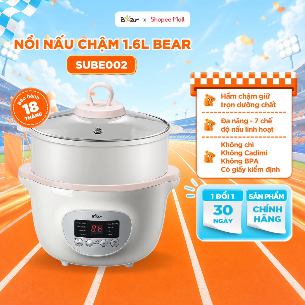 Nồi Nấu Cháo Chậm 1.6L BEAR Nồi Nấu Cháo Chậm Nồi Chưng Yến Nồi Hầm Cách Thuỷ Có Lồng Hấp Quánh Nấu Cháo Cho Bé SUBE002