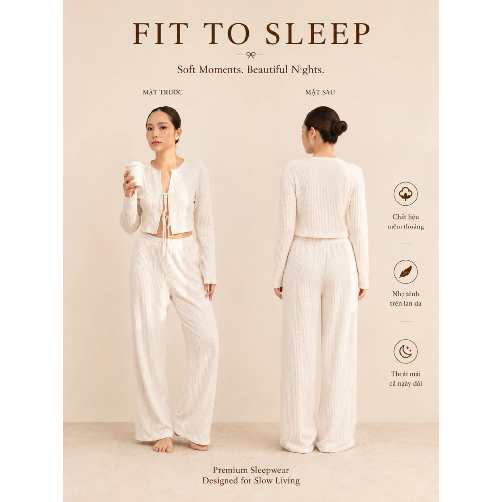 [ Fit to sleep ] Đồ Ngủ Nữ Mặc Nhà - Milly Set - Cotton Tổ Ong - Màu Trắng
