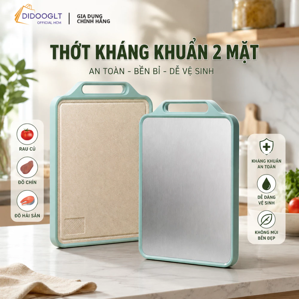 Thớt Kháng Khuẩn 2 Mặt Inox 304, Nhựa PP Chống Ẩm Mốc - Thớt Inox Kháng Khuẩn An Toàn Didooglt