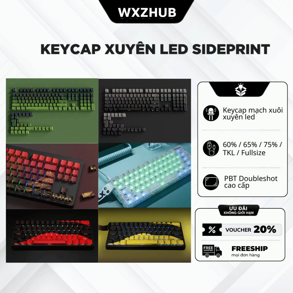 Keycap Xuyên LED Gradient PBT Cao Cấp, KeyCap PBT Double Shot Mạch Xuôi Led Đẹp
