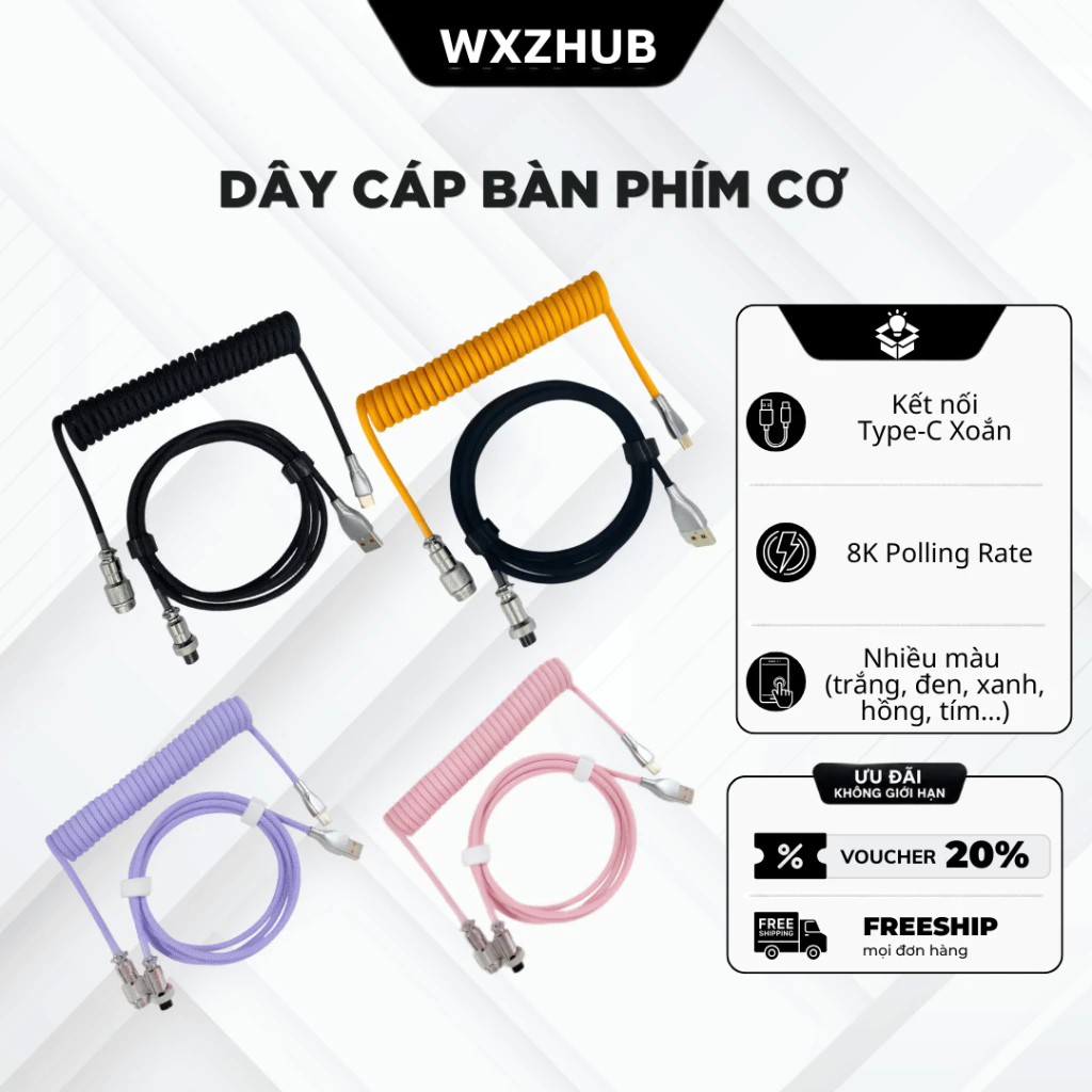 Dây Cáp Bàn Phím Cơ Custom Type-C Xoắn 8K Polling Rate, Dây Cáp Lò Xo Trục GX-12 USB A to Type-C
