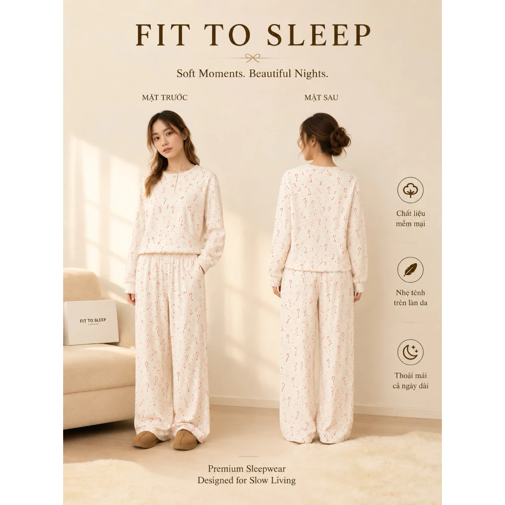 [ Fit to sleep ] Set Đồ Ngủ Pijamas Dài Tay - Candy Cane - Set Lụa Sữa Co Giãn - Họa Tiết Nền Trắng
