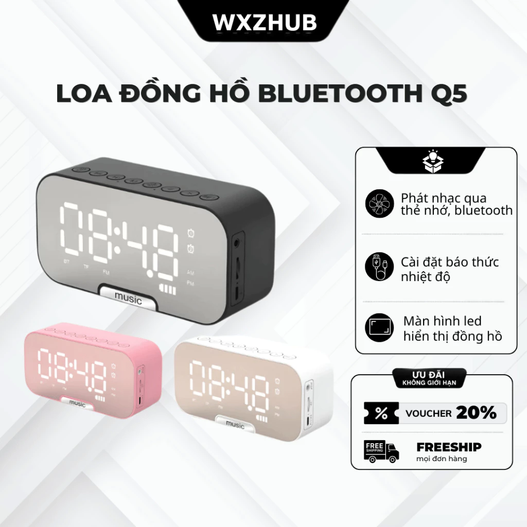 Loa Bluetooth Mini Q5 Kèm Đồng Hồ, Loa Bluetooth Bass Mạnh, Màn Hình LED Số