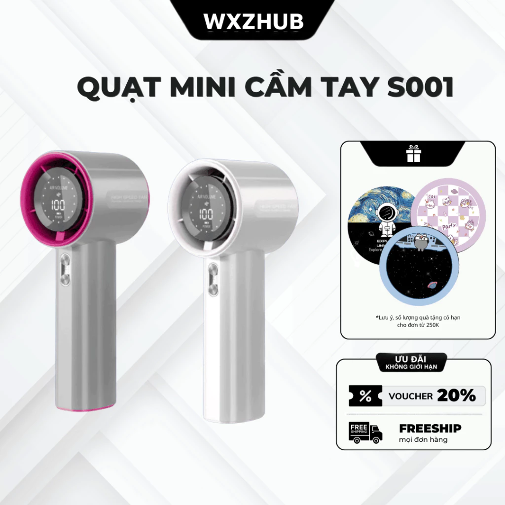 Quạt Cầm Tay Mini S001 Tích Điện 100 Mức Gió, Pin 4000mAh, Màn Hình LED, Type-C, Có Dây Đeo