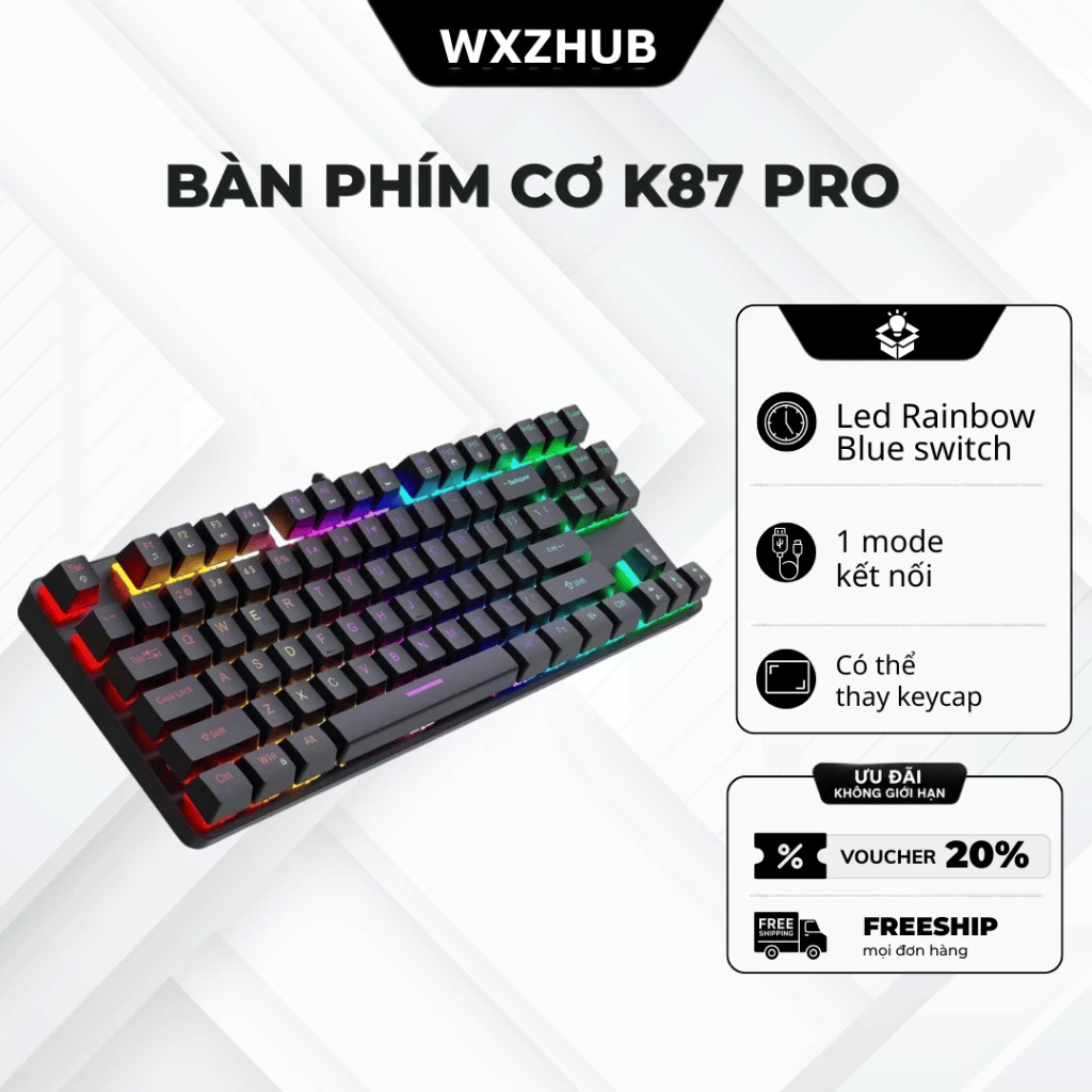 Bàn Phím Cơ K87 Pro LED RGB 16 Chế Độ, Blue Switch Êm Tay, Keycap ABS Xuyên Đèn, Chống Nước