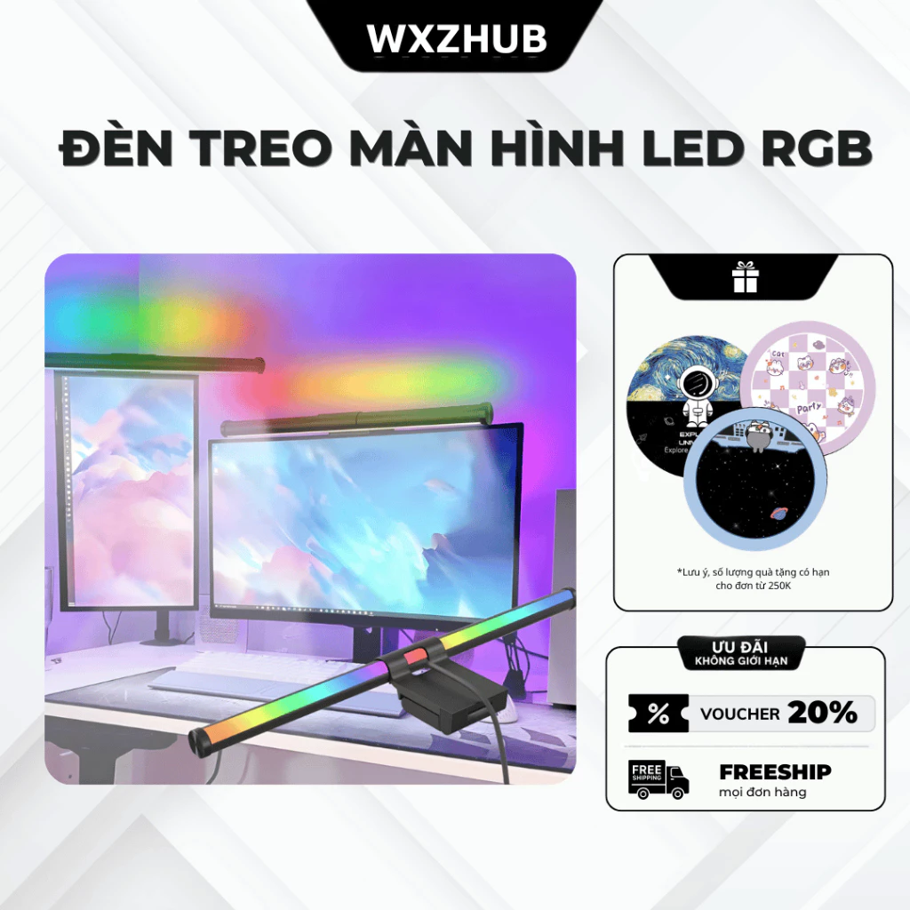 Đèn Treo Màn Hình Monitor Light Có LED RGB, Kẹp Màn Hình Tiện Lợi, Bảo Vệ Mắt, Chống Chói, Cảm Ứng Đổi Màu