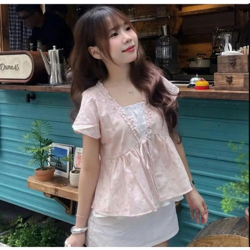 Áo babydoll kiểu ngắn tay cổ V may liền 1 lớp phối dây buộc nơ điệu đà dành cho nữ phong cách Hàn Quốc