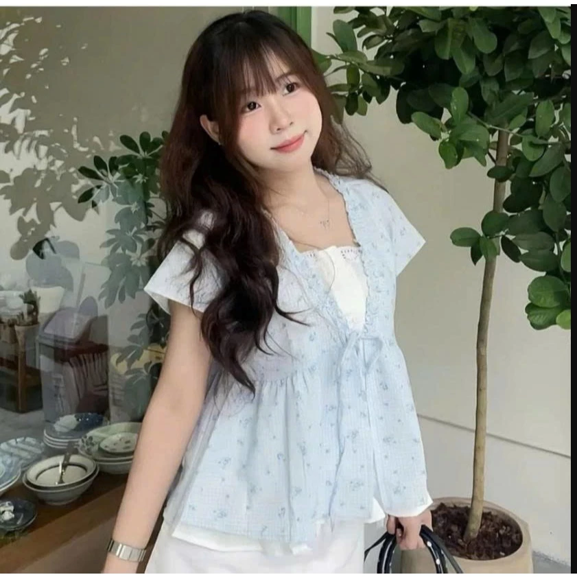 Áo babydoll kiểu ngắn tay cổ V may liền 1 lớp phối dây buộc nơ điệu đà dành cho nữ mẫu mới