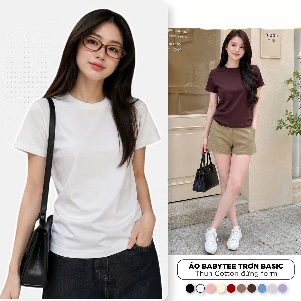 Áo thun baby tee nữ trơn basic form vừa cổ bo chun chất cotton 100%