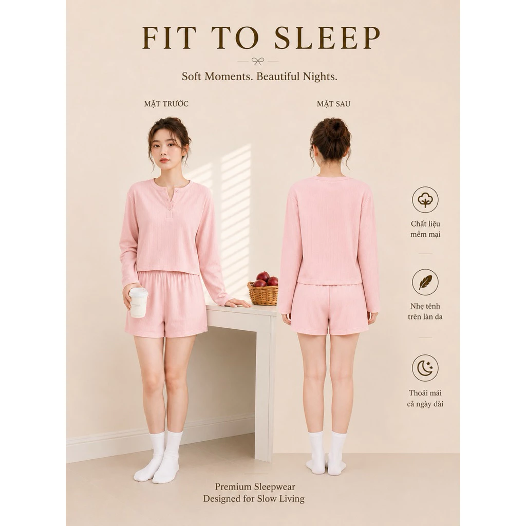 [ Fit to sleep]-ELLA SET-Cotton Cao Cấp - Áo Dài Tay Quần Shorts-Màu Hồng Nhạt Pastel