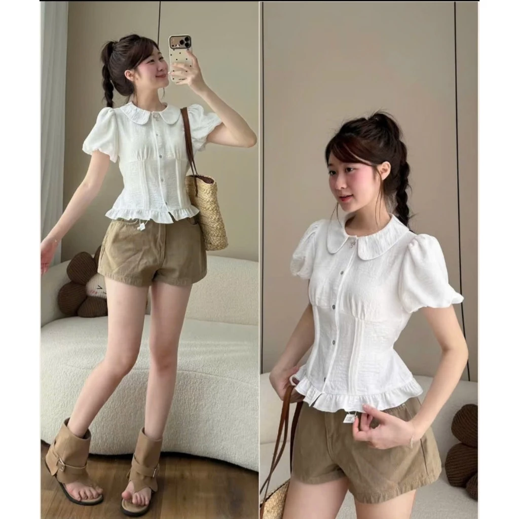 Áo kiểu, áo điệu cổ sen cúc dọc có dây buộc lưng viền bèo gấu chất đũi vân mây mềm mại