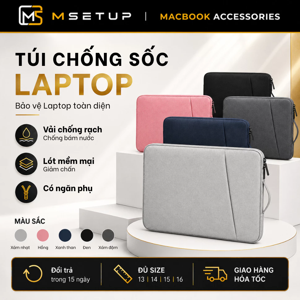 Túi Chống Sốc Laptop Macbook 2 Ngăn Đủ Kích Thước - Kháng Nước, Nhiều Màu (T009)