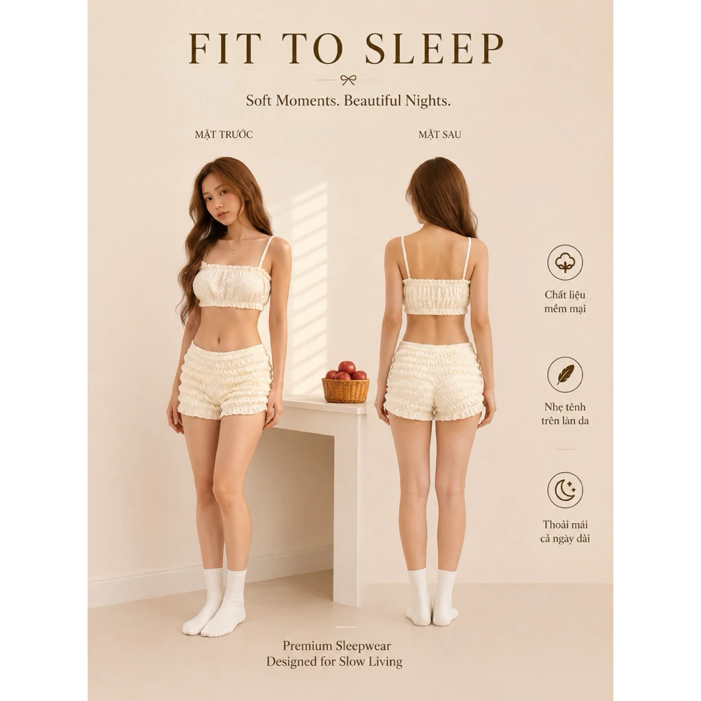 [ Fit to sleep ] - Sea Muse Set Form Croptop Sexy Gợi Cảm - Màu Kem - Cotton