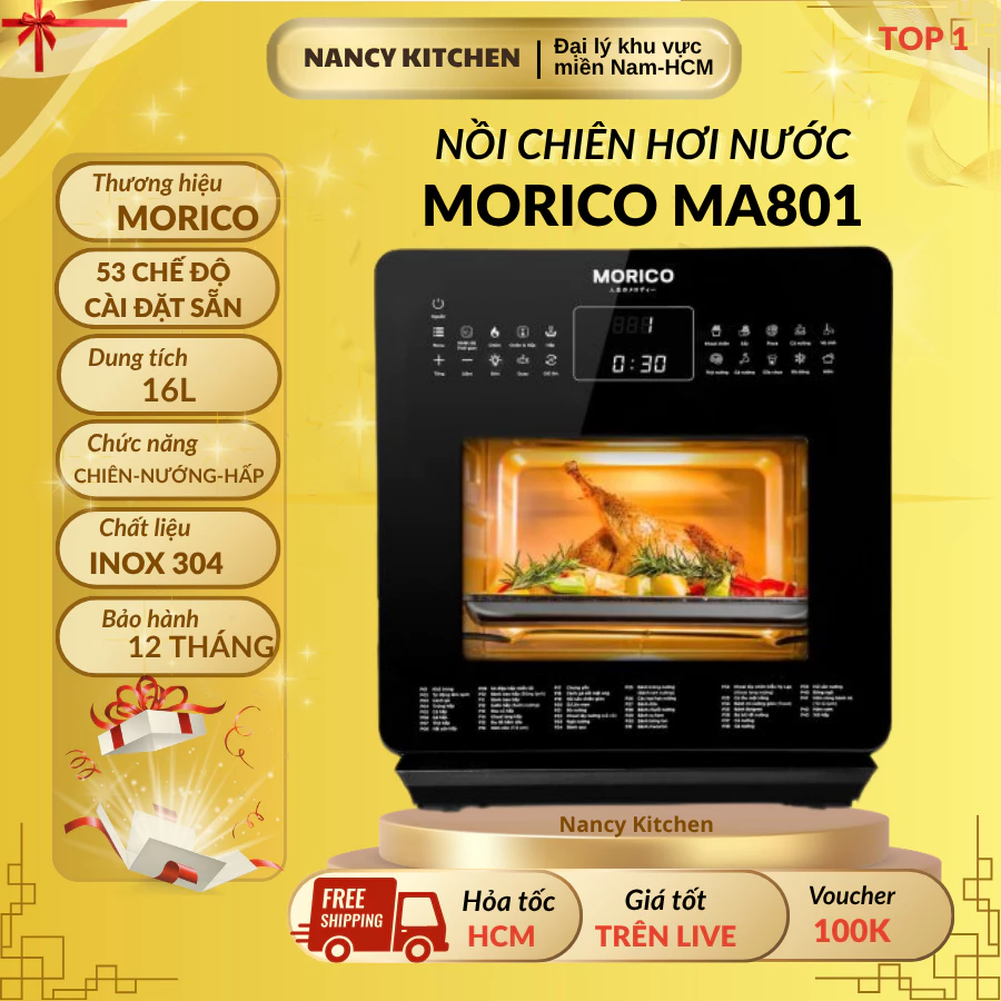 [Chính Hãng] Nồi Chiên Hơi Nước Morico MA801,16L ,Công Nghệ Chiên Hấp Siêu Nhiệt Steam Frying,62 chức năng