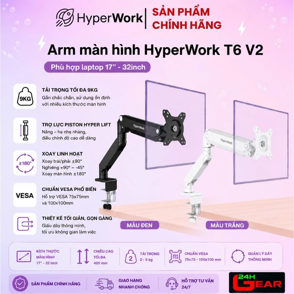 Arm Màn Hình Hyperwork T6 V2 (Hỗ trợ màn 17-32 inch, tải 2 - 9KG / Piston Hyper Lift) Chính hãng