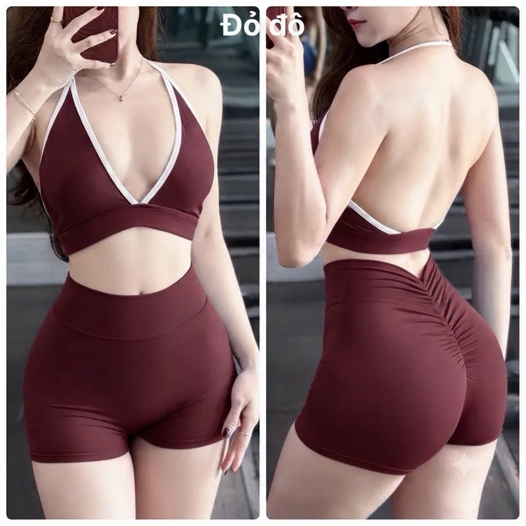 Set Đồ Tập Bi Cổ Yếm 2 Mảnh Viền Trắng Đi Gym, Yoga, Aerobic, Pilates