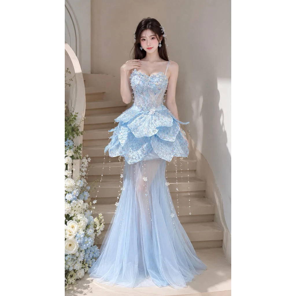 Váy Dạ Hội Xanh Băng Đính Sequin 3D Dáng Đuôi Cá Phối Lưới Cao Cấp Dự Tiệc Chụp Ảnh Biểu Diễn
