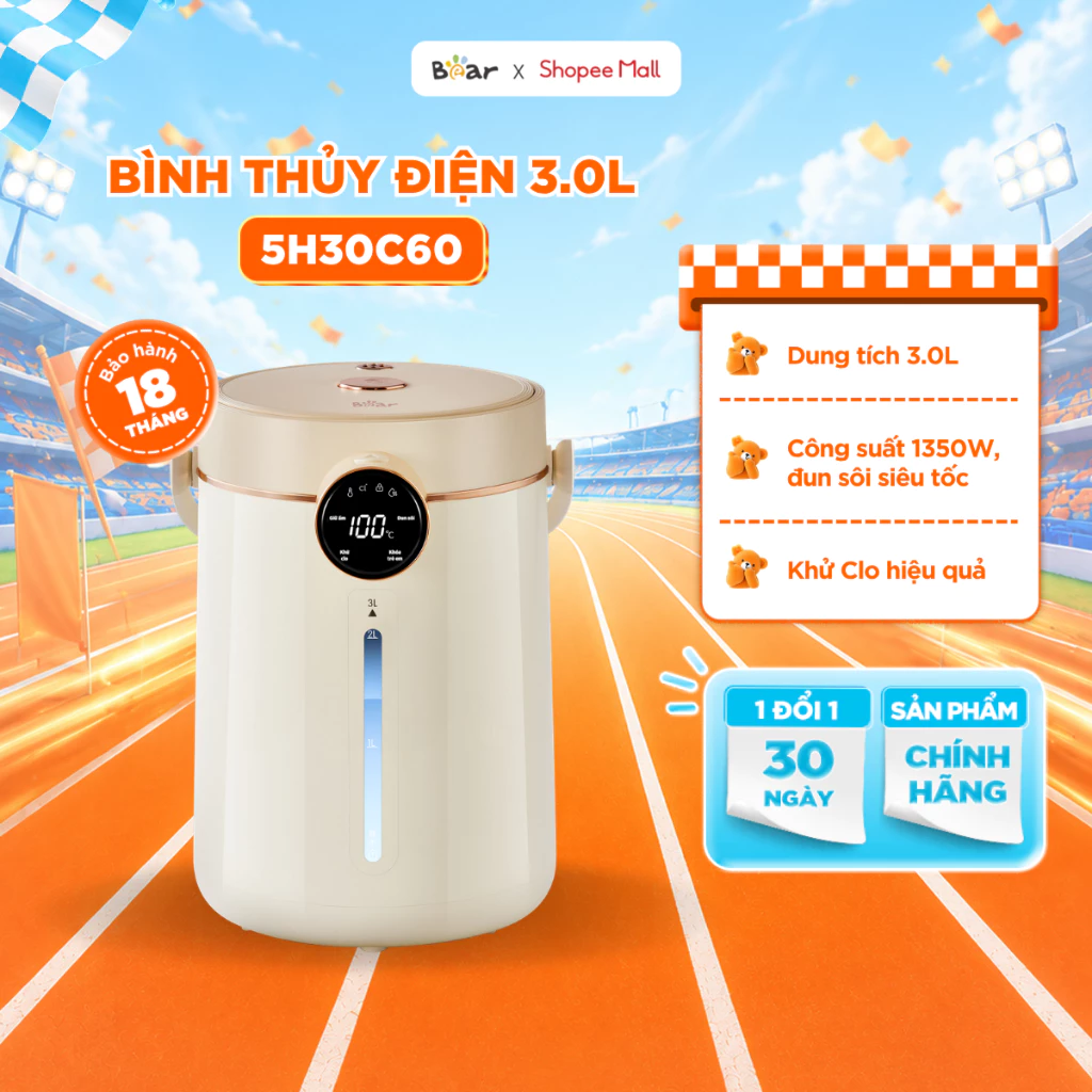 Bình Thủy Điện Bear 3L Bình Đun Nước Nóng Đun Sôi Siêu Nhanh Khử Clo Bình Đun Nước Giữ Nhiệt Có Đèn Dịu Nhẹ EWB-5H30C60