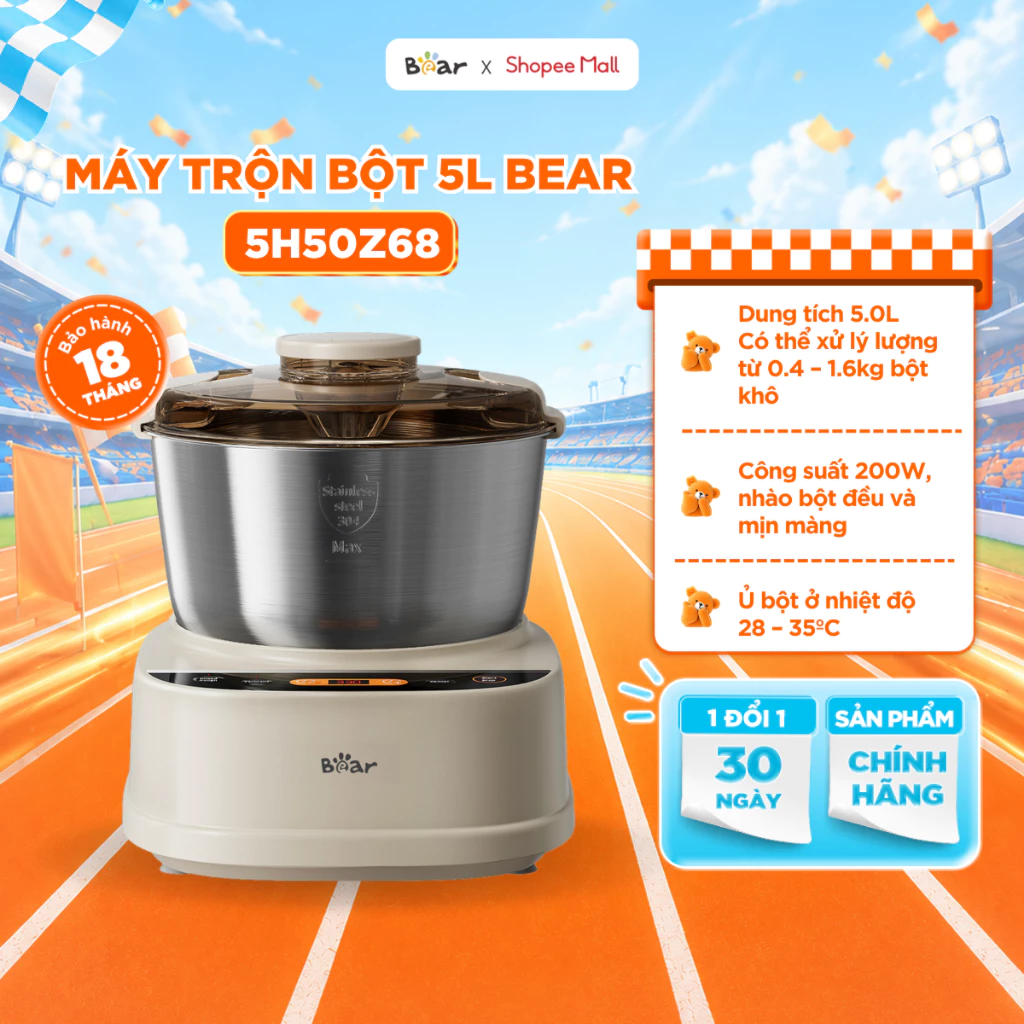 Máy Trộn Bột BEAR 5L, Máy Nhồi Bột Ủ Bột Tự Động Inox 304 Dụng Cụ Làm Bánh Làm Ruốc Đa Năng Dễ Vệ Sinh SM-5H50Z68