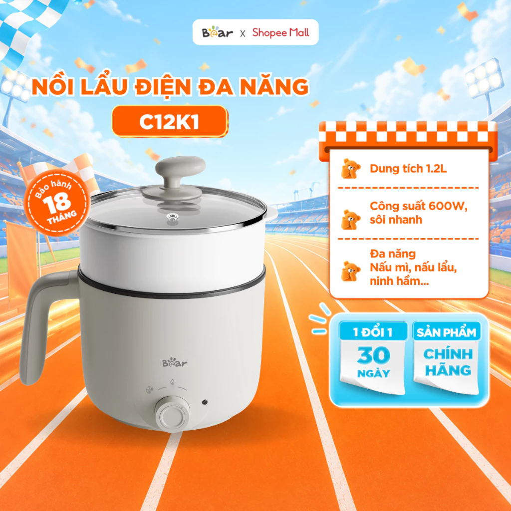 Nồi Lẩu Mini Bear Đa Năng Ca Nấu Mì Hấp Luộc 2 Tầng Dung Tích 1.2L Cho Một Người Sinh Viên Văn Phòng C12K1