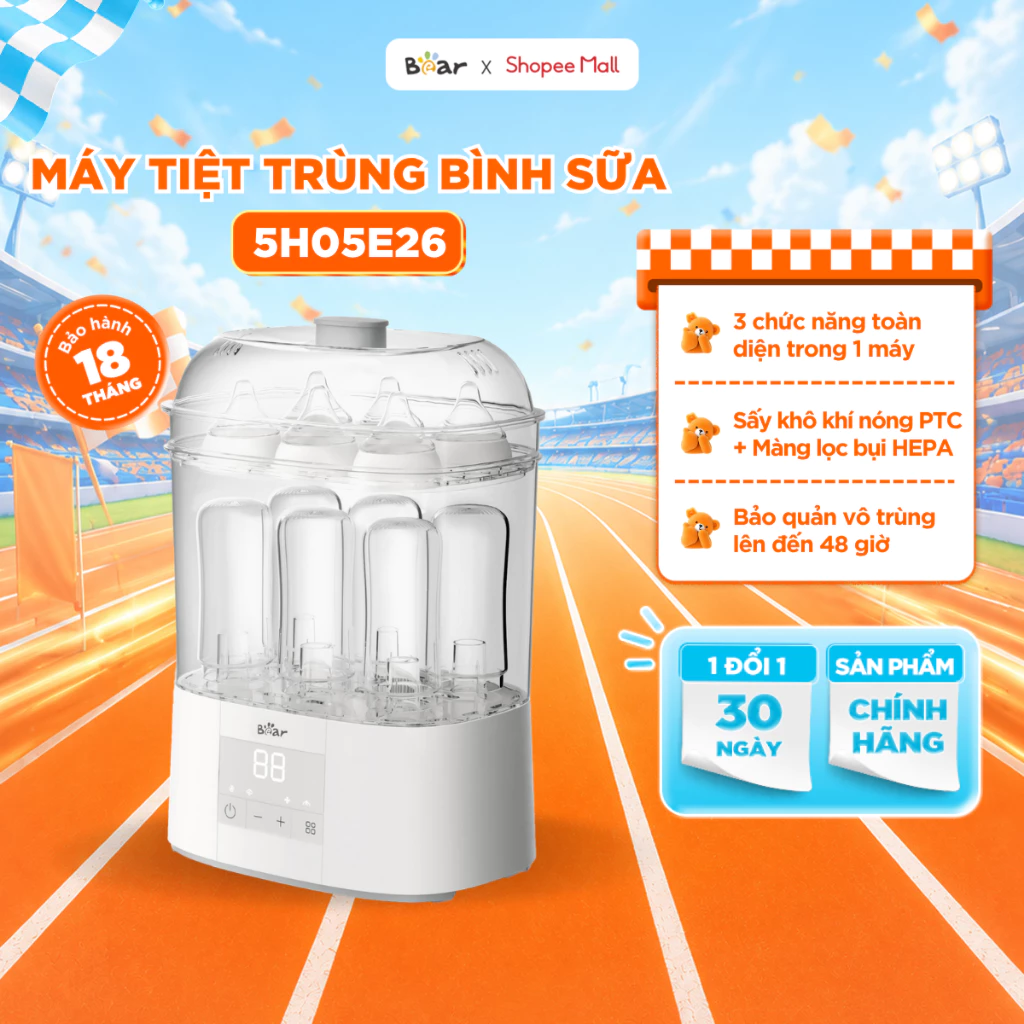Máy Tiệt Trùng Bình Sữa Bear Tiệt Trùng Hơi Nước, Sấy Khô Đa Năng Bảo Quản 48 Giờ An Toàn Cho Bé ST-5H05E26
