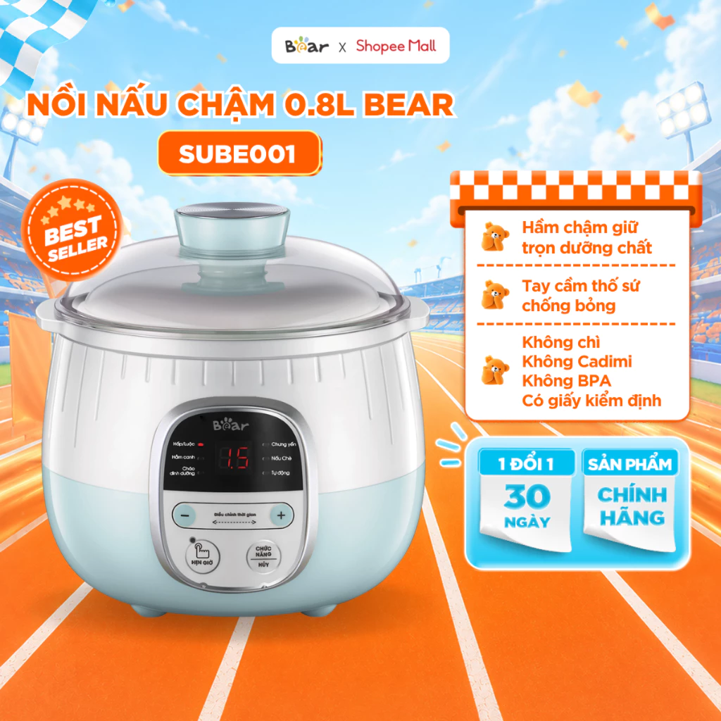 [KOL] Nồi Nấu Cháo Chậm BEAR 0.8L Có Xửng SUBE001