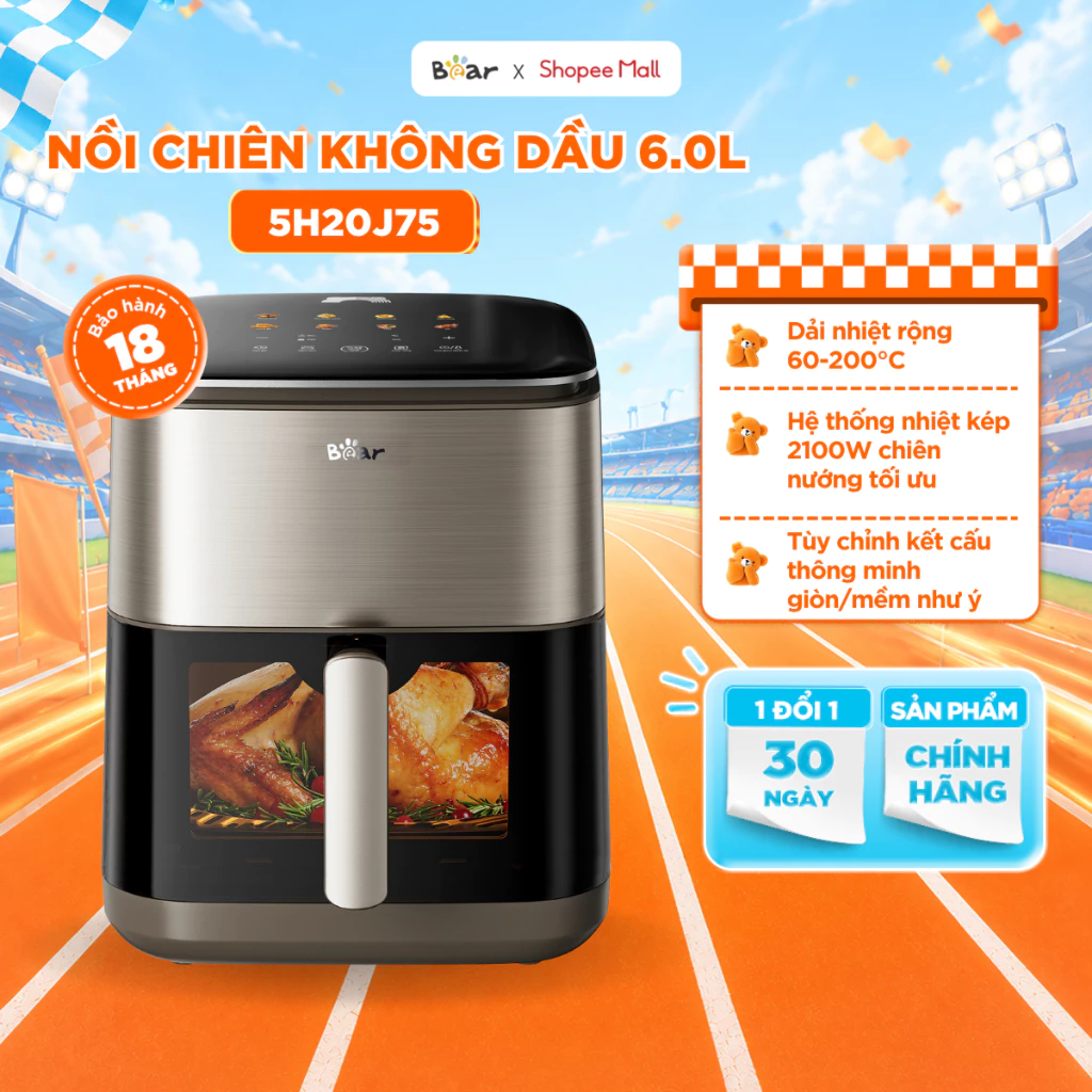Nồi Chiên Không Dầu BEAR 6L, Nồi Chiên Hơi Nước Nồi Chiên Không Dầu Đa Năng Nướng Bánh Thức Ăn Giảm Dầu Mỡ AF-5H20J75