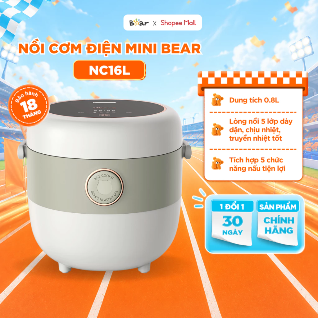 Nồi Cơm Điện Tử Bear Cảm Ứng Cảm Biến Nhiệt Chống Trào Lòng Nồi Chống Dính 0.8L SB-NC16L
