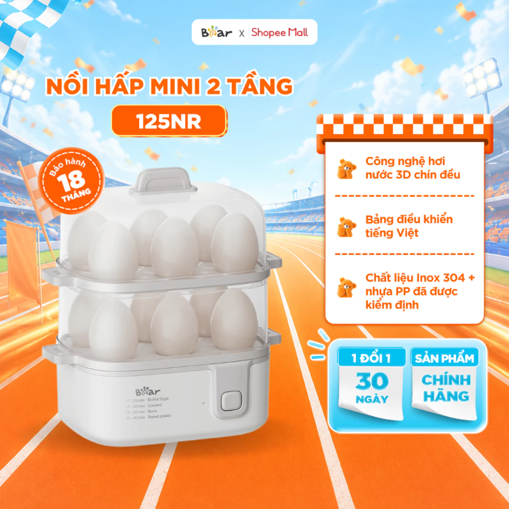 Nồi Hấp Điện 0.3L 2 Tầng Bear Hấp Bánh Bao Hấp Trứng Hấp Đồ Ăn Dặm Nồi Hấp Điện Đa năng ECK-125NR