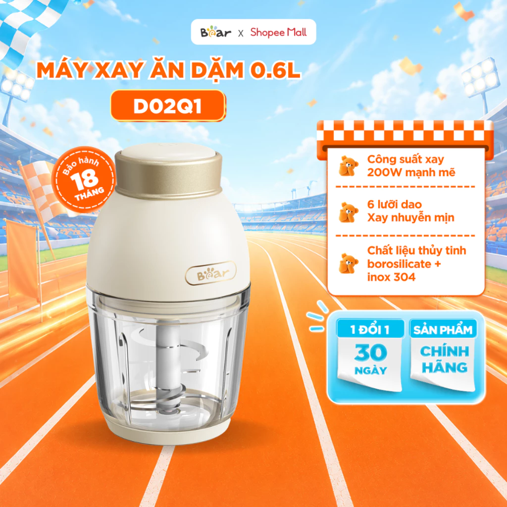 Máy Xay Ăn Dặm Cho Bé 0,6L Bear 6 Lưỡi Dao Cối Thủy Tinh Xay Đa Năng Cháo Thịt Tỏi Ớt Nhỏ Gọn Tiện Lợi QSJ-D02Q1