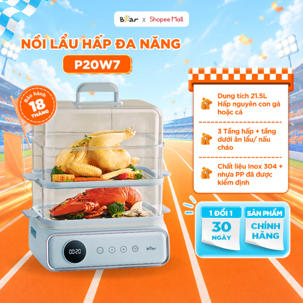 Nồi Hấp Bear Nồi Hấp 3 Tầng Nồi Hấp Điện Nồi Hấp Xôi Hấp Cá Nguyên Con Hấp Bánh Bao Nồi Hấp Điện Đa Năng DZG-P20W7