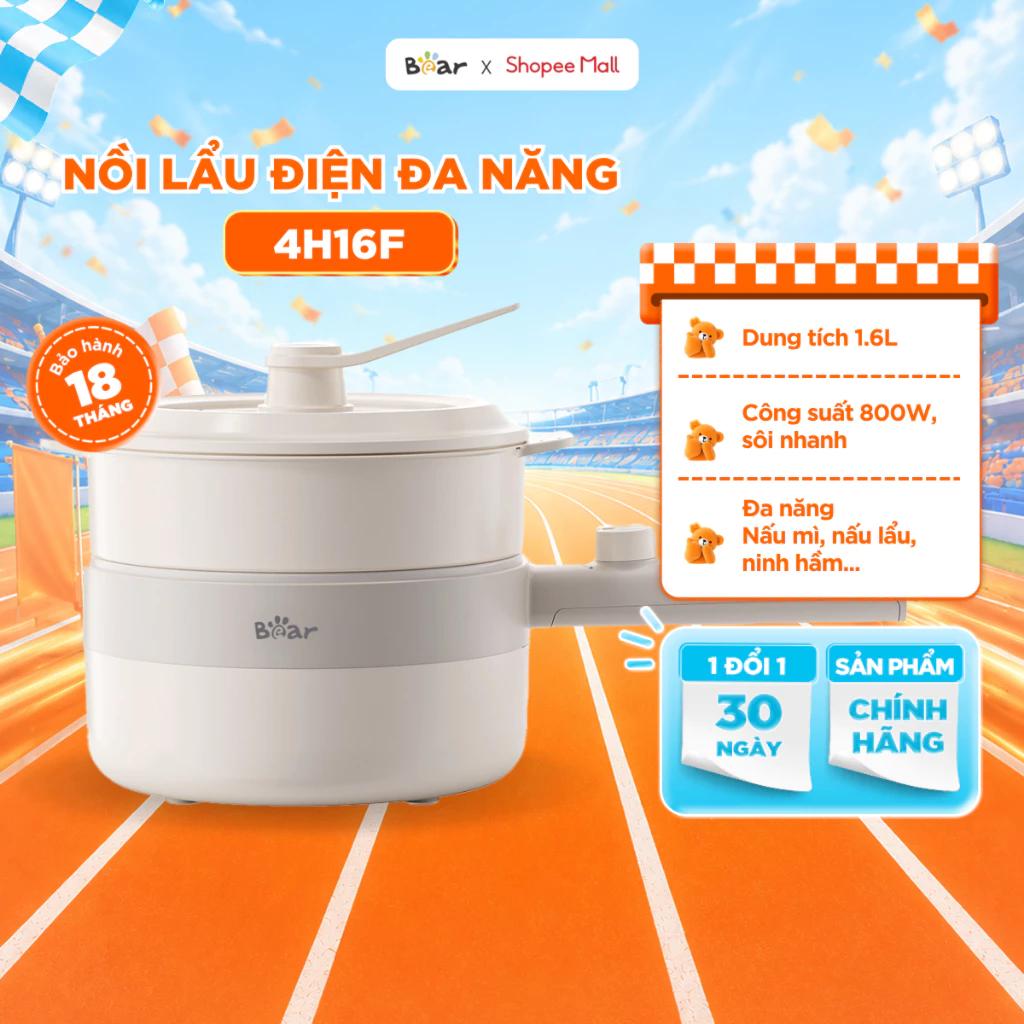 Nồi Điện Đa Năng Bear 1.6L Nấu Hầm Lẩu Hấp Lòng Nồi Chống Dính Công Suất 800W Xửng Hấp Nồi Điện Mini MC-4H16F