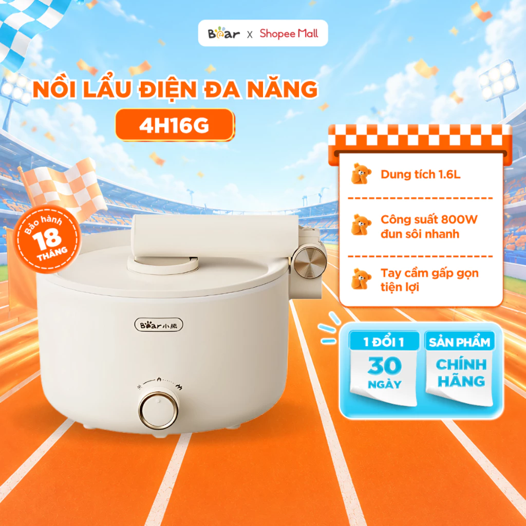 Nồi Điện Đa Năng Mini Bear 1.6L Nấu Lẩu Hầm Hấp Chiên Xào Lòng Nồi Chống Dính Tay Cầm Gấp Gọn Tiện Lợi MC-4H16G