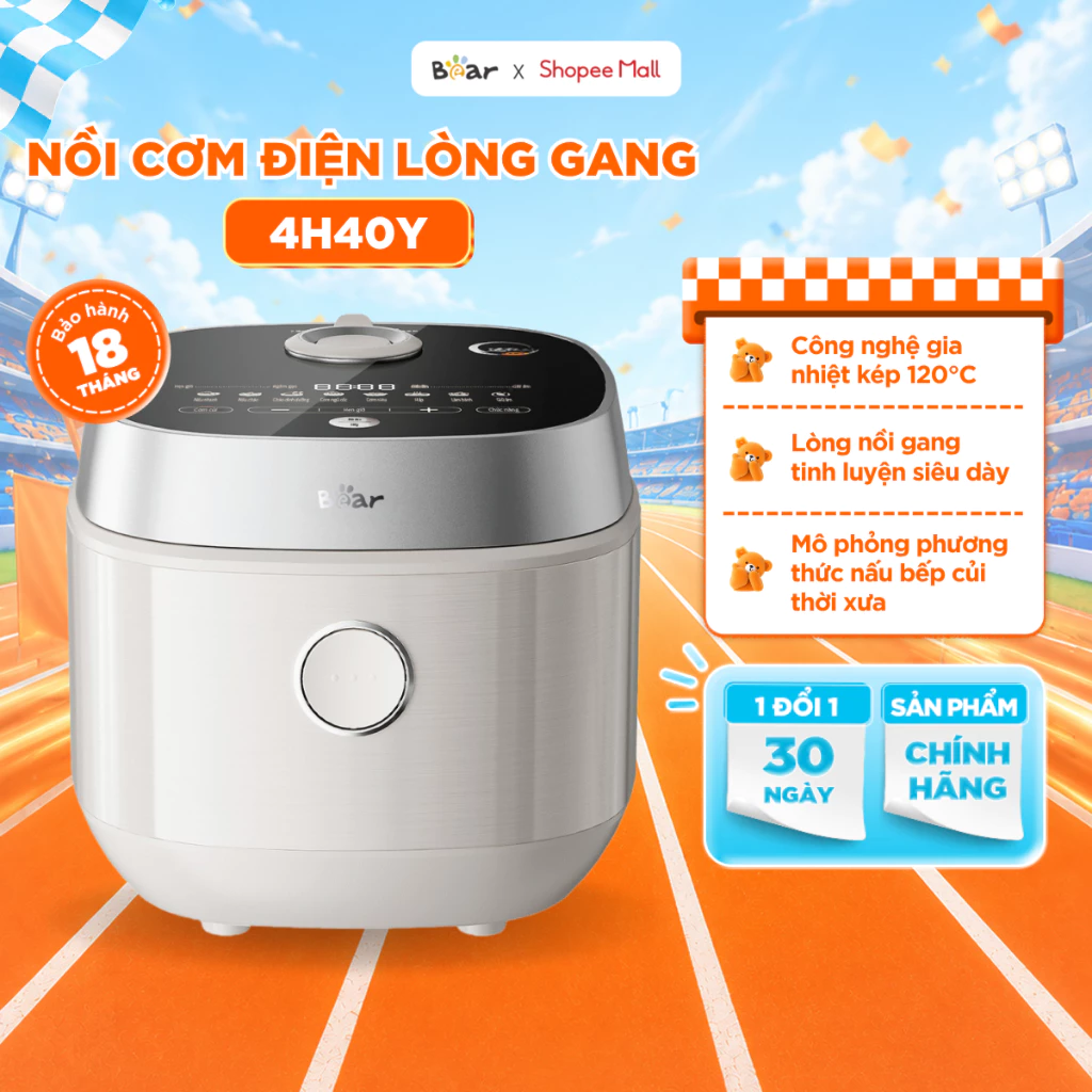 Nồi Cơm Điện BEAR 1.5L Lòng Gang Đúc Nguyên Khối Chống Dính Ceramic Pro 9H Công Nghệ Gia Nhiệt Kép RC-4H40Y (DFB-J40Q5)