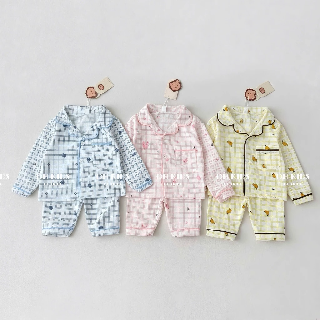 Pijama Thu Đông, Pijama Dài Tay Kẻ Ô Phối Viền Moonie Đáng Yêu Cho Bé Trai Bé Gái Từ 7 - 16kg