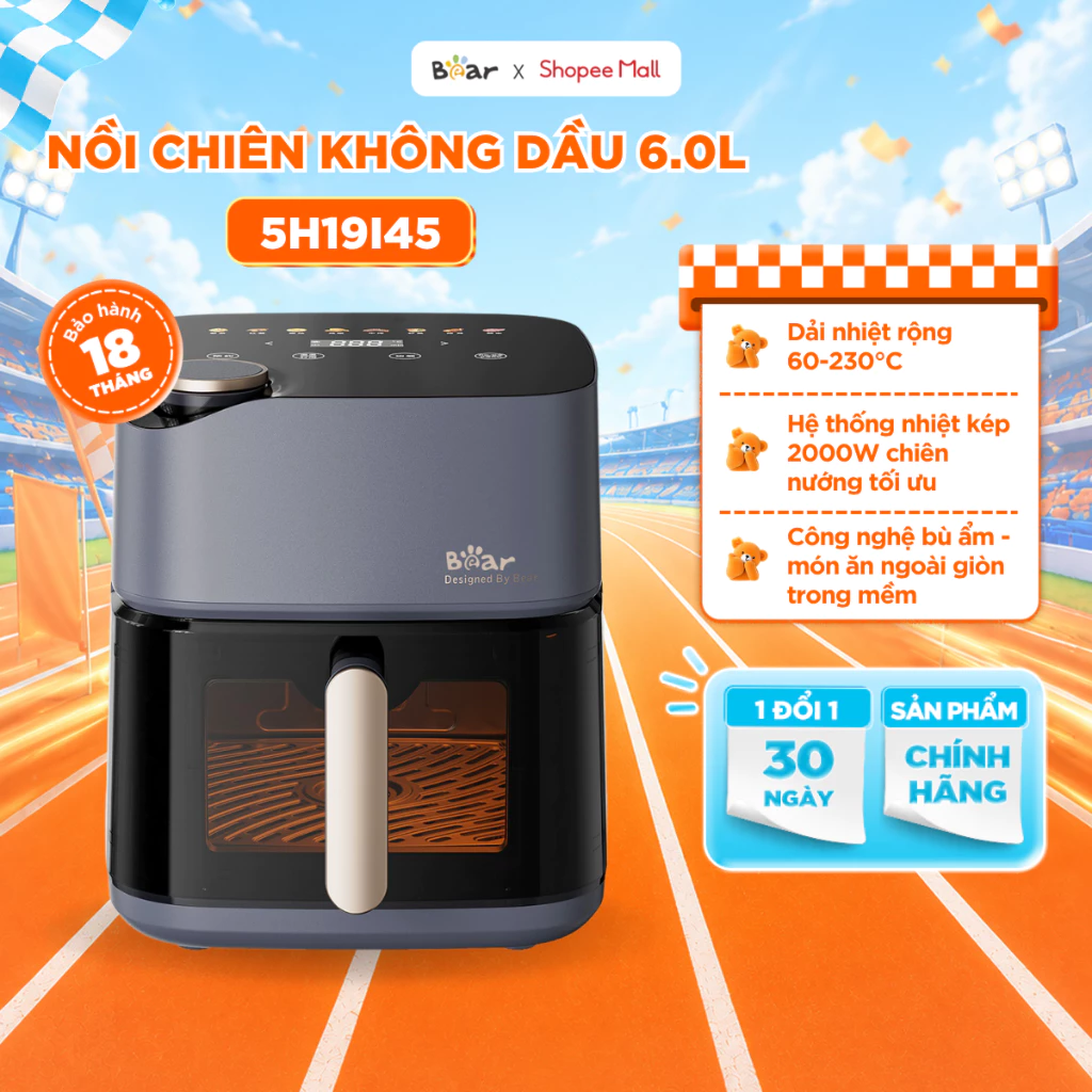 Nồi Chiên Không Dầu Hơi Nước BEAR 6L Không Cần Lật Mặt Khay Lọc Dầu Tháo Rời 2000W AF-5H19I45