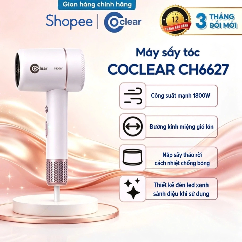 (New) Máy Sấy Tóc Coclear CH6627 công suất 1800W mạnh mẽ, 2 mức gió, 2 mức nhiệt nóng lạnh - Sấy nhanh, bảo vệ tóc