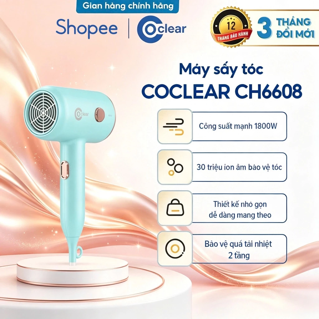 Máy sấy tóc Coclear CH6608 1800W công suất lớn, ion âm bảo vệ tóc, sấy khô nhanh, dùng salon & gia đình