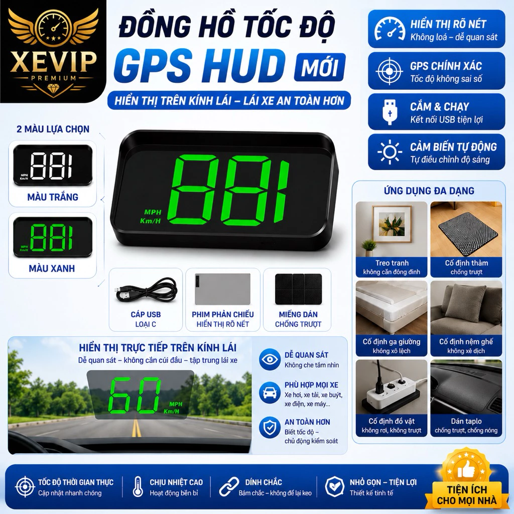Đồng Hồ Hiển Thị Tốc Độ GPS HUD Ô Tô – Máy Chiếu Kính Lái Cảm Biến Ánh Sáng Tự Động, Cắm Là Chạy