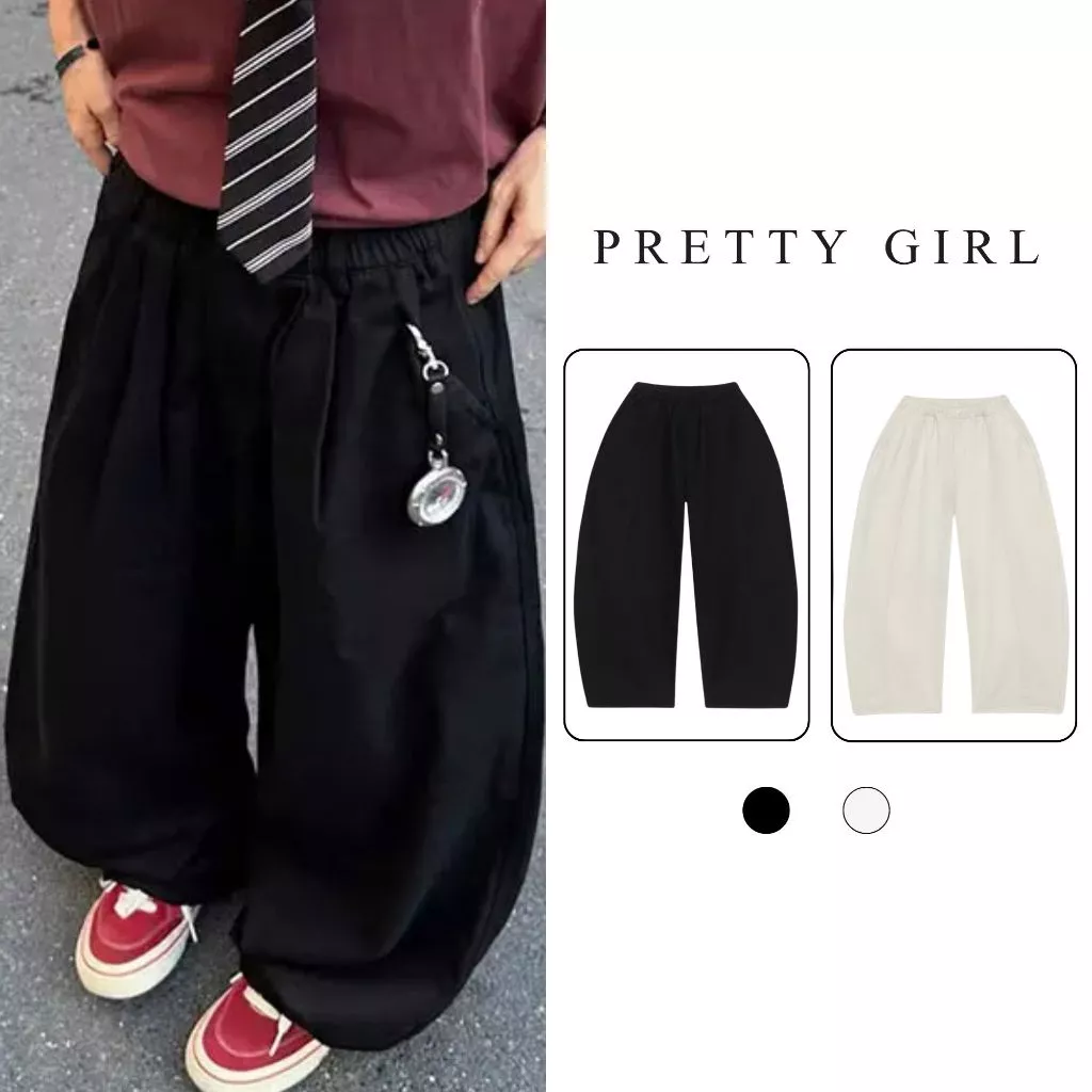 Quần Ống Cong Rộng Pretty Girl Quần Cạp Chun Co Dãn Chất Liệu Kaki Mềm Thoáng Mát Phù Hợp Cho Nam Nữ