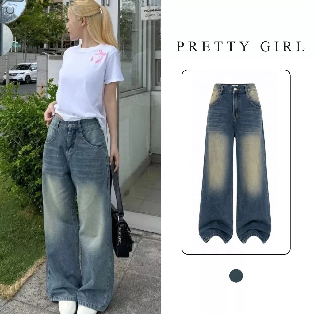 Quần Jeans Nữ Ống Suông Rộng Pretty Girl JSRG02 Màu Xanh Wash Đậm Hottrend Style Hàn Quốc