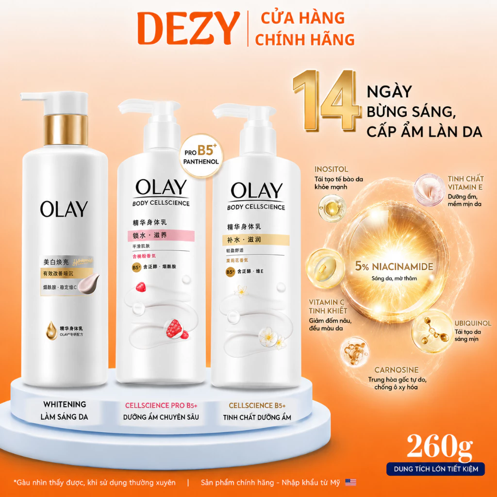 Sữa Dưỡng Thể Olay Niacinamide Vitamin C Pro Vitamin B5 260g Chính Hãng - Dưỡng Trắng Da Cấp Ẩm Mờ Thâm Dezy