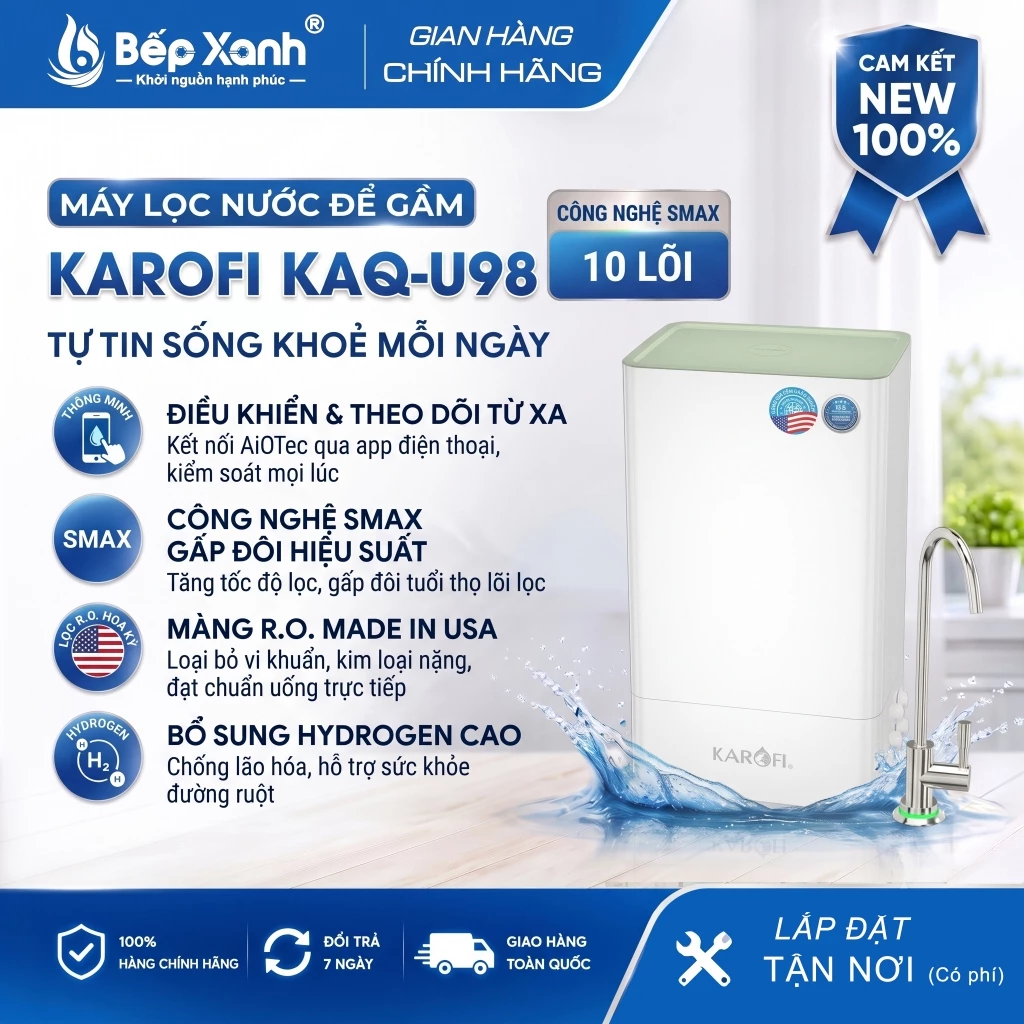 [Mới 100%] Máy lọc nước để gầm Karofi KAQ-U98 (10 Lõi Smax) - Công nghệ AioTec thông minh, Nhỏ gọn tiết kiệm diện tích
